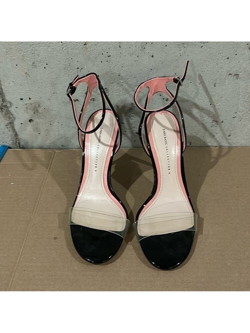 Zara Basic Collections Black Patent and Lucite Pencil Heel Stiletto Sandals - 39